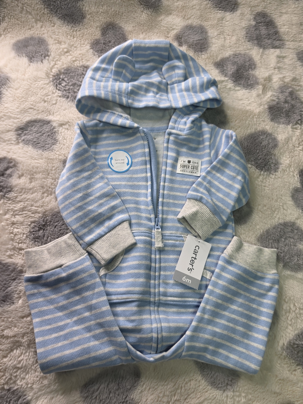 Carter's Baby Blue & White Striped Hooded Zip Onesie